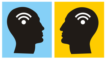 Simple Vector Illustration with Two Black Human Heads and White WiFi Sign on a Blue and Yellow Background. Symbolic Representation of a Remote Meeting. Wireless Connection Between People.