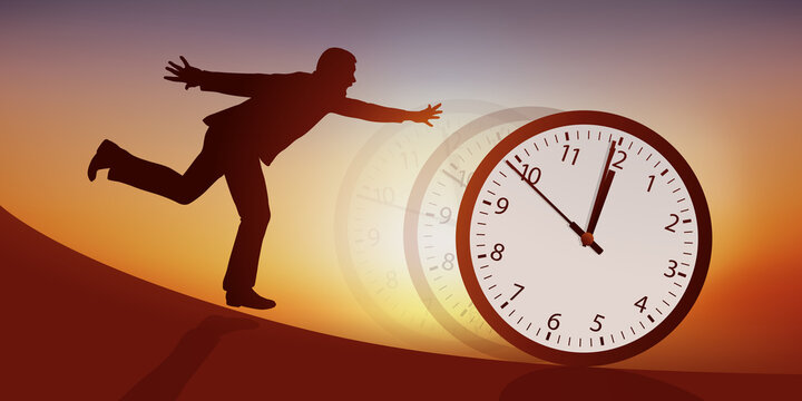 Concept du temps qui passe, avec un homme qui tente de retenir le temps, symbolisé par une horloge qui dévale une pente.
