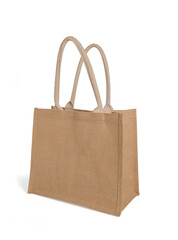 Fabric Hessian bag, sack brown with handle, reusable shopping bag isolated on white background.