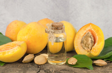 Essential oil of apricot and apricot kernels. Cosmetic bottle with apricot essential oil and fresh apricot fruits on a wooden table