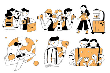 World tourism day set of hand drawn outline illustrations in doodle style. Cartoon travelers with map, backpacks, bags and cameras.