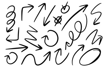 Hand drawn curve arrow icon set isolated on black background. doodle vector illustration.
