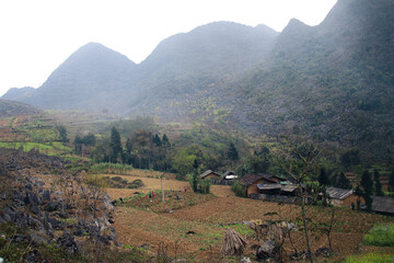Fog over the karst mountains in Meo vac Ha giang in Vietnam