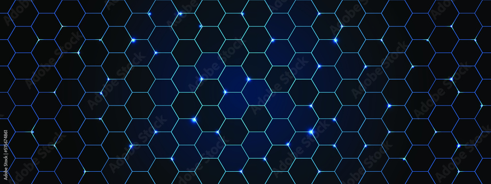 Poster hexagonal technology background vector illustration. hi tech banner with hex and lights.