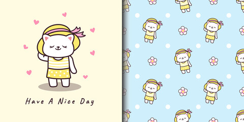 Cute Cat Girl Quotes Cartoon and Cute Seamless Pattern