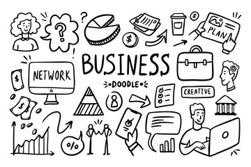 Business doodle vector set. Simple sketch outline marketing icons. Drawing element silhouette