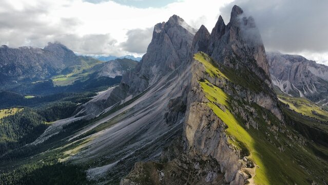 Bird's eye view of Mountains Sass Rigais and Furchetta in South Tyrol, Dolomites, Italy