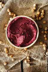 Beetroot hummus and spinach hummus. Vegan recipes, plant-based dishes. Homemade healthy organic food. Vegetarian cuisine. Top view 