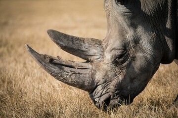 Closeup of the black rhinoceros grazing in the savanna. Diceros bicornis.