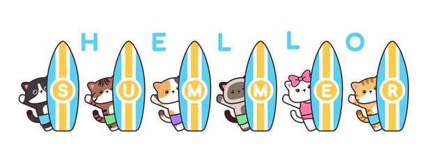Hello Summer Cute Cat Animal Waving Hand With Surf Board Banner Background Drawing © boex