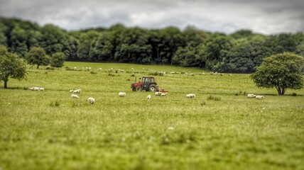 Group of sheep grazing in the lush green field and a tractor in the middle