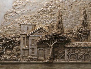 Fototapety  3d wallpaper house on the river made of gypsum murals