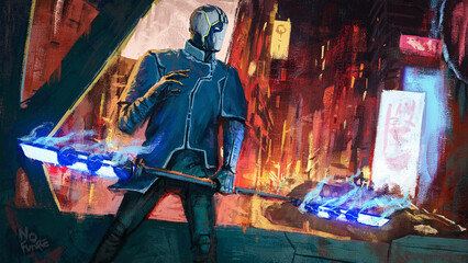 Digital painting of a cyberpunk warrior with a double sided blade and against a neon red future city - fantasy cyberpunk illustration
