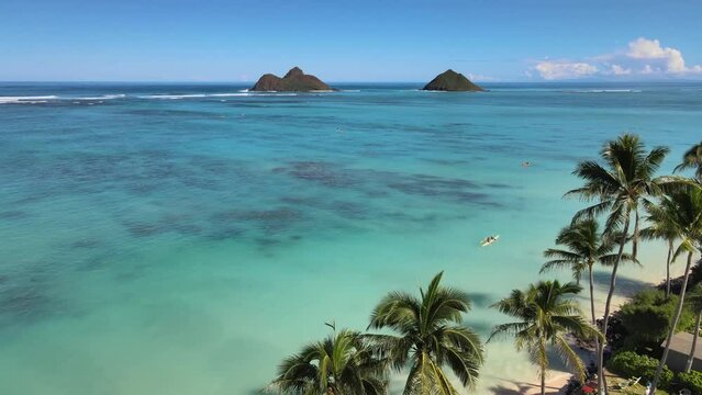 Aerial view over the Lanikai beach with islands in the background in HD