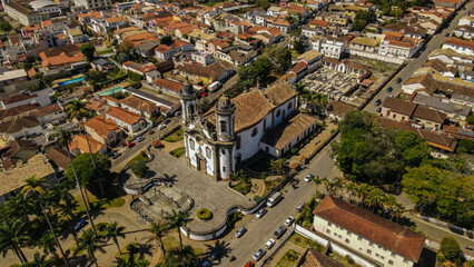 Church of Sao Francisco de Assis in Sao Joao del Rei Town in Brazil. Aerial View