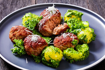 finnish beef meatballs with potatoes and pesto