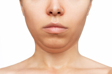 Cropped shot of a young woman's face with double chin isolated on a white background. Overweight,...