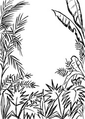 On a white background, a frame of plants and flowers in black	
