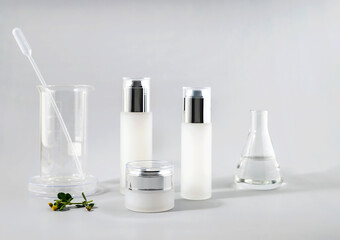 cosmetic bottles and laboratory flasks on a gray background