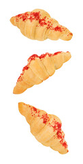 Croissants with red sweet sprinkles, bun shape of crescent bagel made of puff pastry,  falling, hanging, flying, soaring, isolated on white background with clipping path