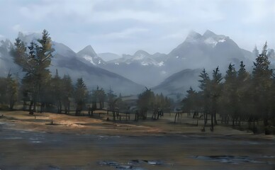 Modern art painting on the canvas of a beautiful landscape with high trees and mountains