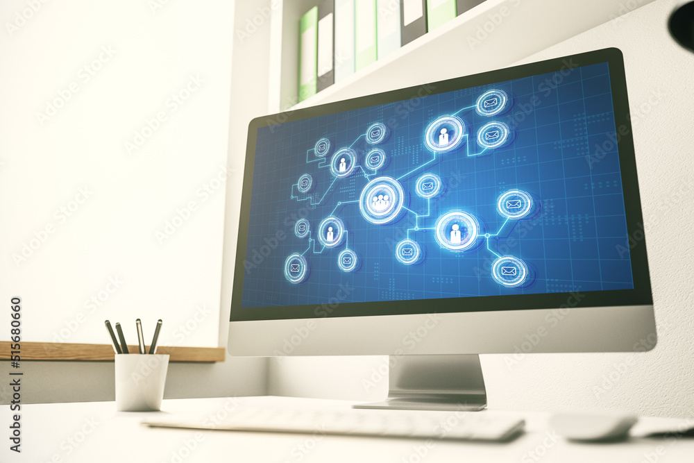 Poster modern computer display with social network icons concept. networking concept. 3d rendering