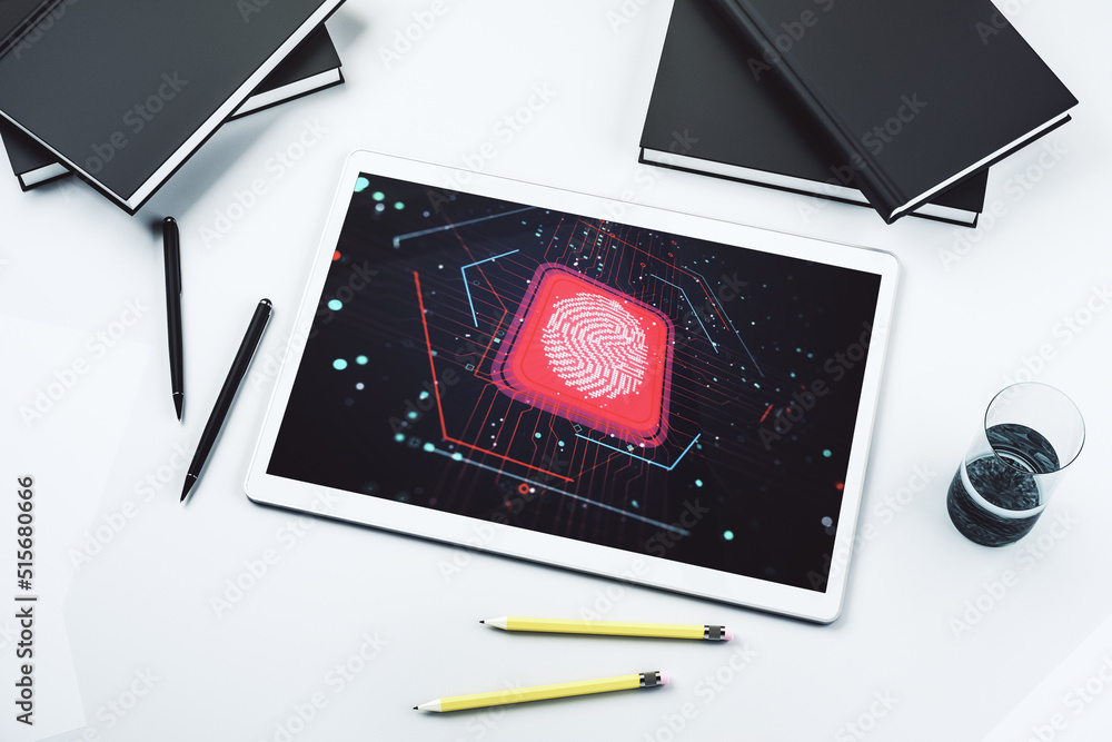 Fototapete Modern digital tablet monitor with abstract fingerprint scan interface, digital access concept. Top view. 3D Rendering
