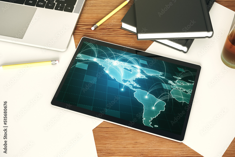 Poster Abstract digital world map with connections on modern digital tablet screen, big data and blockchain concept. Top view. 3D Rendering
