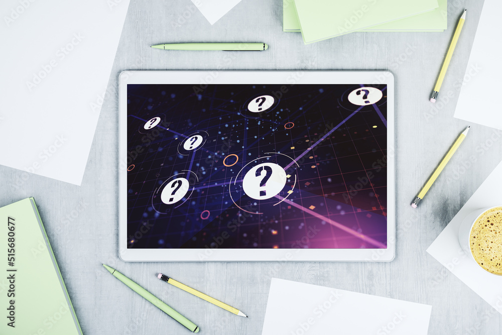 Aufkleber Creative concept of question mark illustration on modern digital tablet screen. FAQ and search concept. Top view. 3D Rendering