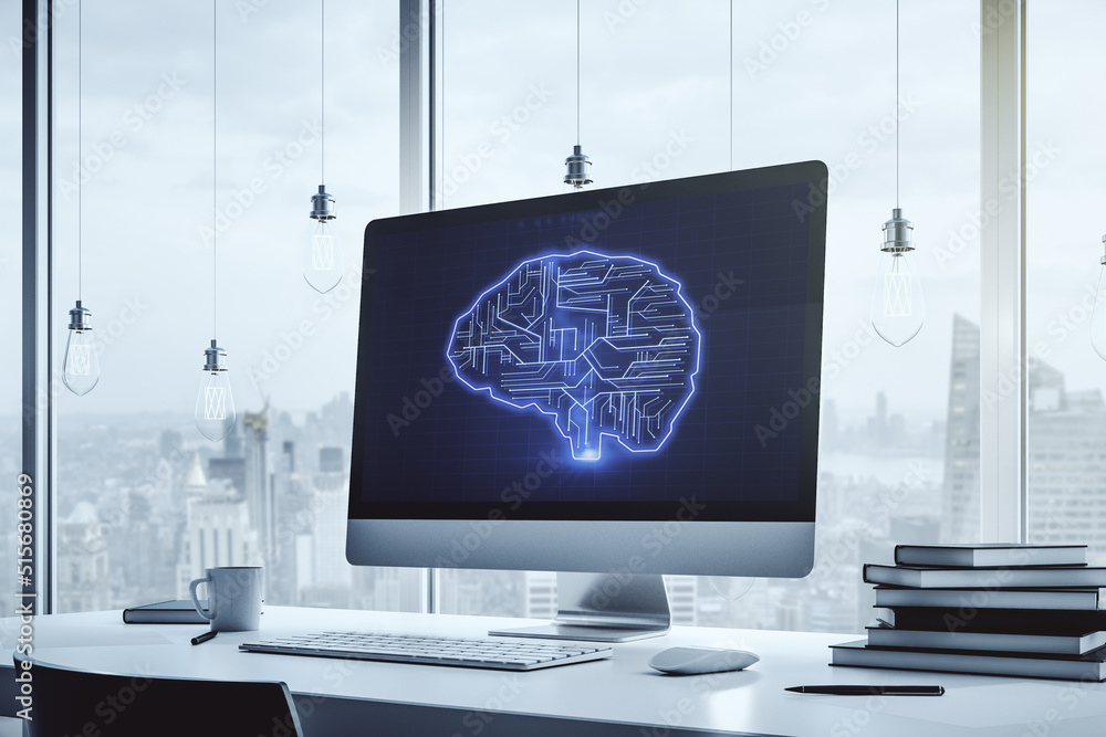 Poster creative artificial intelligence concept with human brain sketch on modern laptop monitor. 3d render