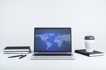 Fototapeta premium Abstract creative digital world map on modern laptop monitor, tourism and traveling concept. 3D Rendering