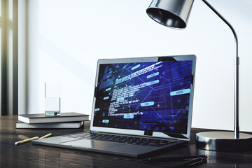 Modern computer screen with abstract graphic coding sketch, big data and networking concept. 3D Rendering