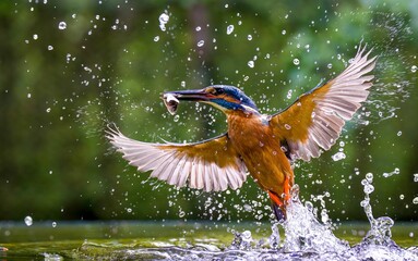Soft focus of a male kingfisher with a successful hunt of a small fish from the river