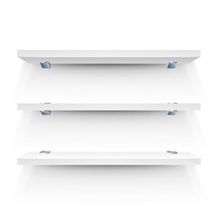 White shelf mockup. Three empty shelves template. Realistic bookshelf design. - 515681650