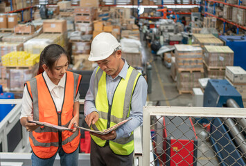 Male inventory supervisor explaining work plan in his notebook with young female worker at industry factory warehouse