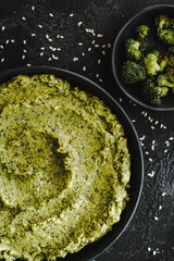 Beetroot hummus and spinach hummus. Vegan recipes, plant-based dishes. Homemade healthy organic food. Vegetarian cuisine. Top view 