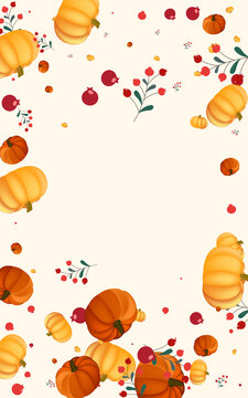 Colorful Gourd Background Beige Vector. Leaves Vintage. Green Food Border. October Texture. Orange Rowan Nature Banner.