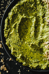 Beetroot hummus and spinach hummus. Vegan recipes, plant-based dishes. Homemade healthy organic food. Vegetarian cuisine. Top view 