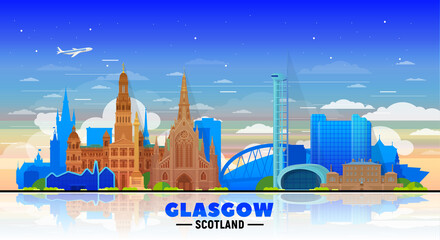Glasgow Scotland (UK) skyline with panorama at sky background. Vector Illustration. Business travel and tourism concept with modern buildings. Image for banner or website.