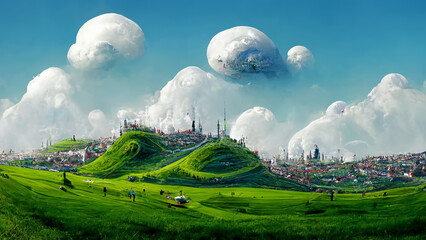 utopian landscape with a city in the distance - obrazy, fototapety, plakaty