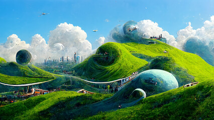 utopian landscape with a city in the distance - obrazy, fototapety, plakaty