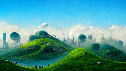utopische Landschaft mit einer Stadt in der Ferne