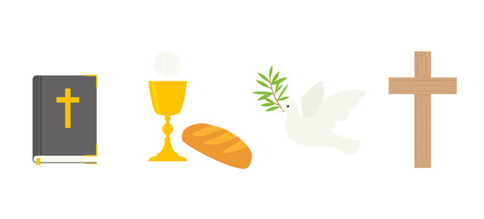 christianity, catholic church icon set; bible, holy communion, dove with olive brach and cross - vector illustration