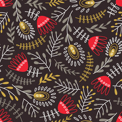 Seamless pattern with floral folk motifs. Pattern for women's and kitchen fabrics. Folk motives. Flat vector illustration.