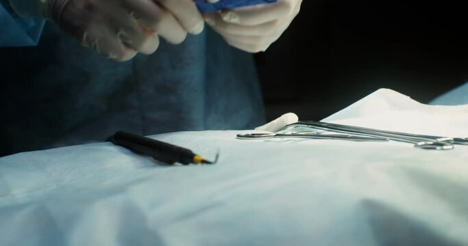Sterile surgical instruments prepared for surgery in the operating room
