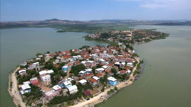 Golyazi Bursa (historical lovely village) aerial drone footage entire village is visible in summer time with blue sky