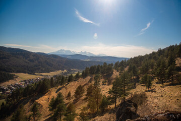 Fototapeta premium Panorama High Tatras. Beautiful landscape in Osturna village. Amazing mountains. 