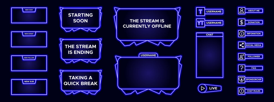 Set of modern design element for overlay game streaming screen panel. Blue very peri game frame for internet broadcast and online video. Futuristic live stream frame for interface. Vector template.