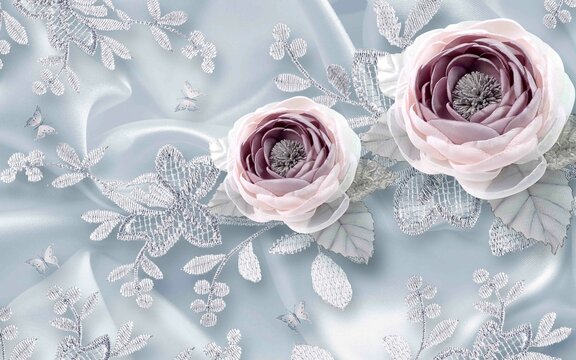 3d Wallpaper Pink Jewelry Flowers On Silver Silk Background