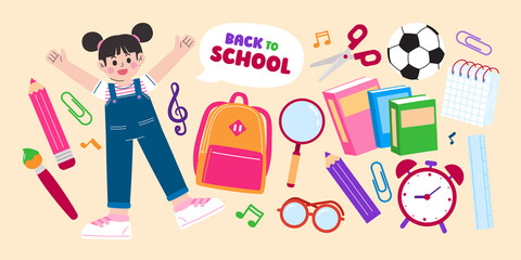 Girl And Stationery, Cute School Banner, Vector, Illustration